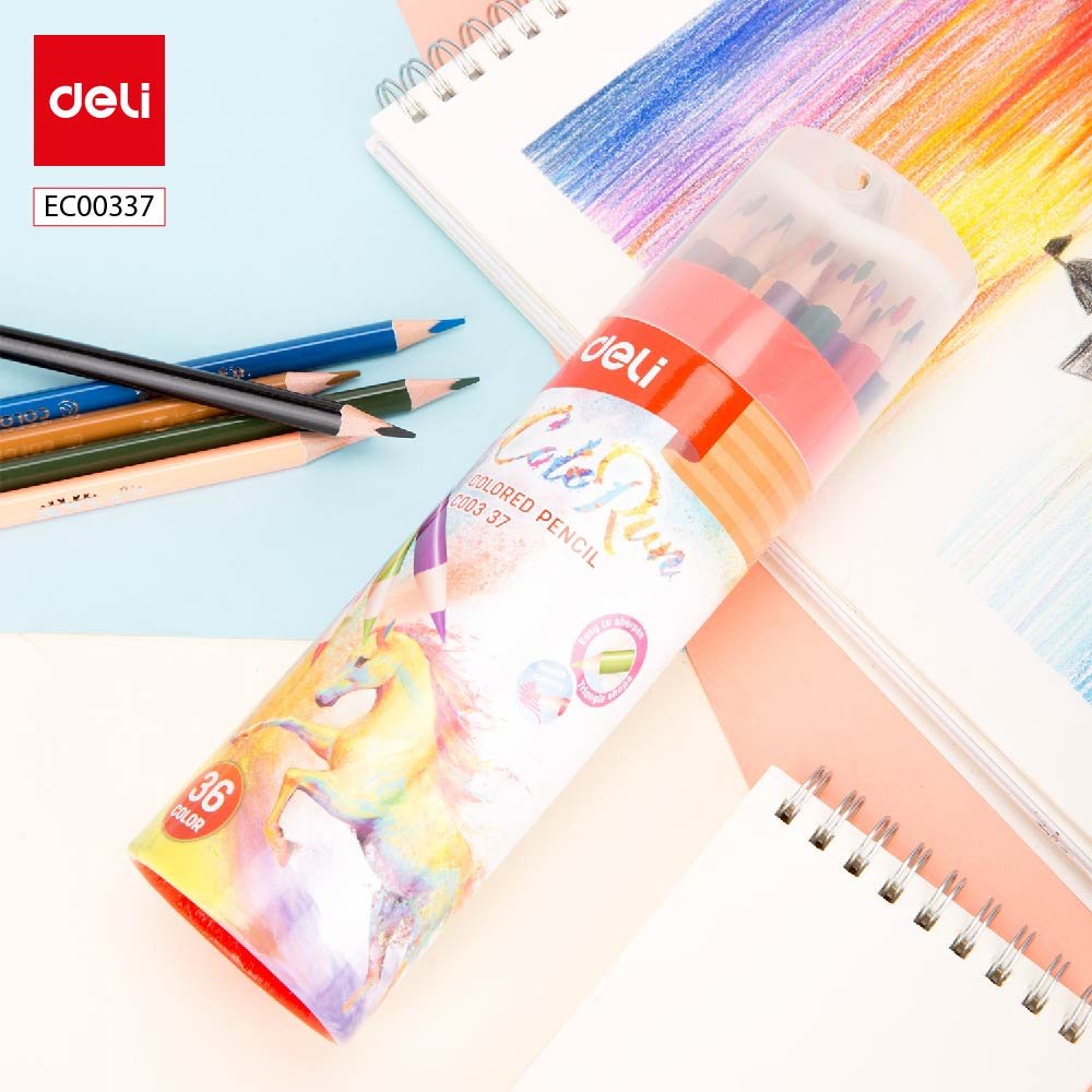 EC00337 ديلي أقلام تلوين خشبي طويل - كالاران علبة اسطوانية مع غطاء بمبراة - 36 لون EC00337